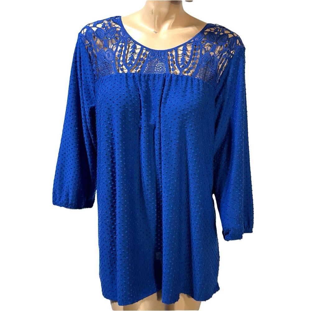 Zac & Rachel Top Women's Size 1X Crochet Swiss Dot 3/4 Sleeve Peasant Blue NWT